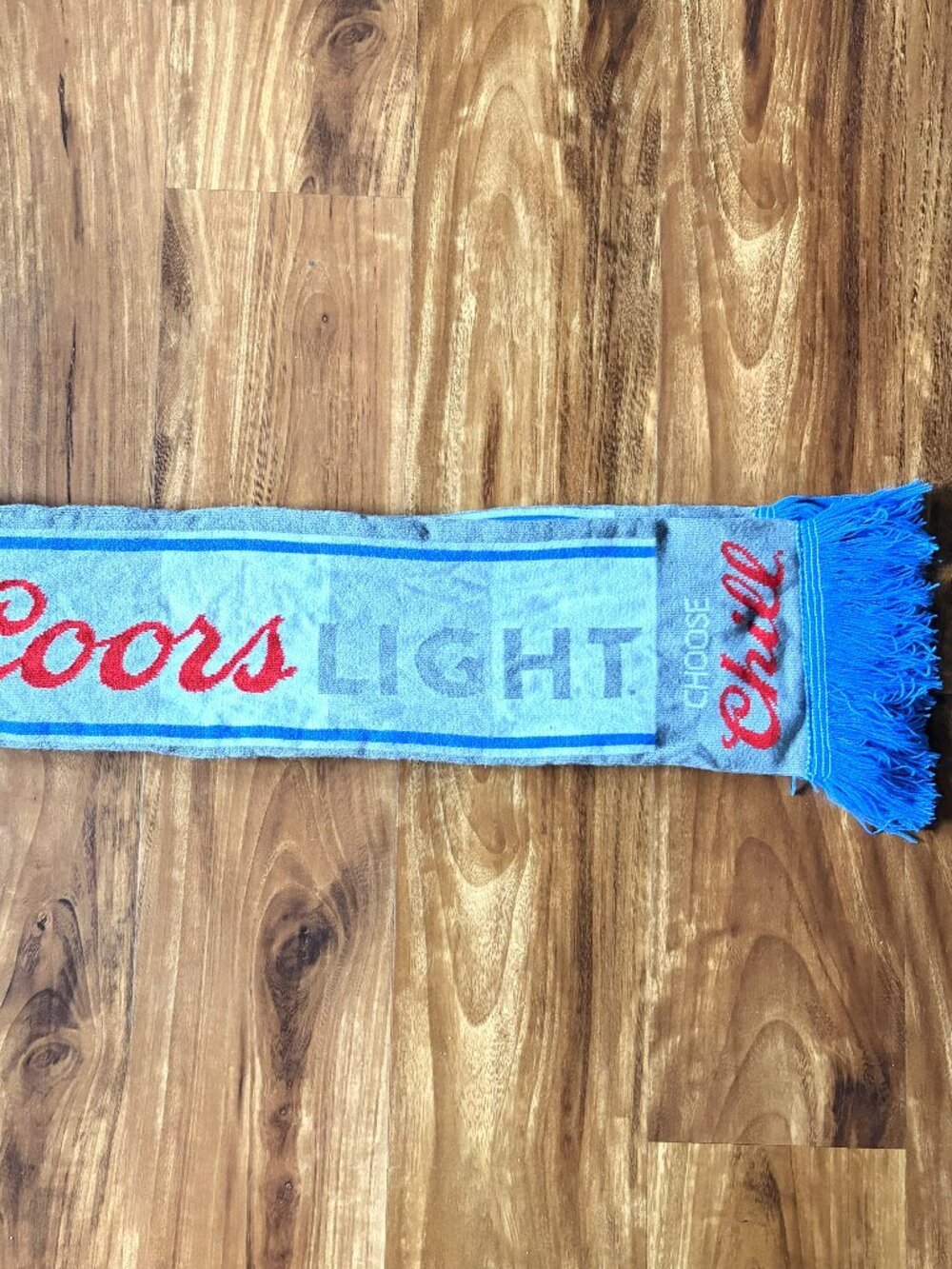 Coors Light Choose Chill knit scarf, soccer style with blue fringe, breweriana